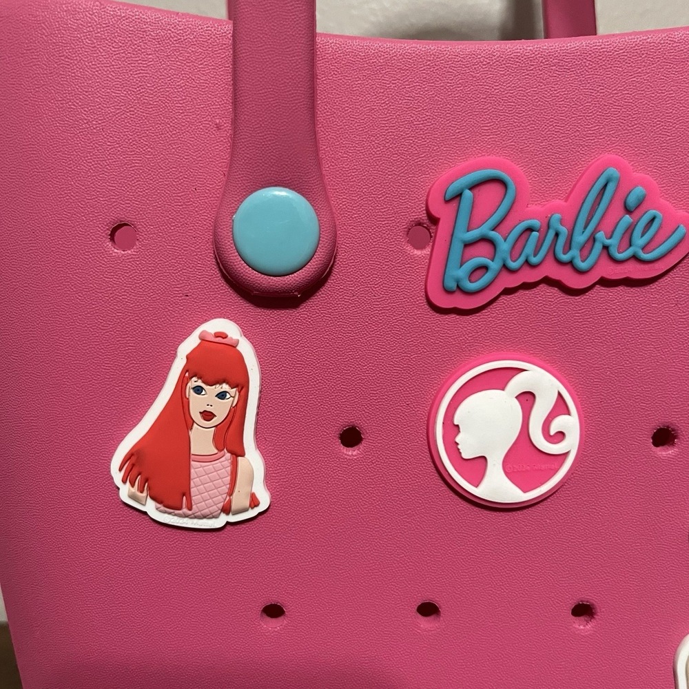 Barbie 65th Anniv Miniso Bogg Style Eva Tote Beach Lunch Pink Bag With Charms - Picture 3 of 14